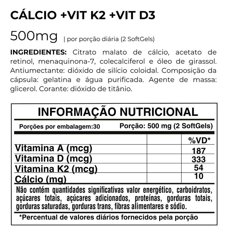 Cálcio + Vit K2 + Vit D3 Sunfood 500mg 60softgels