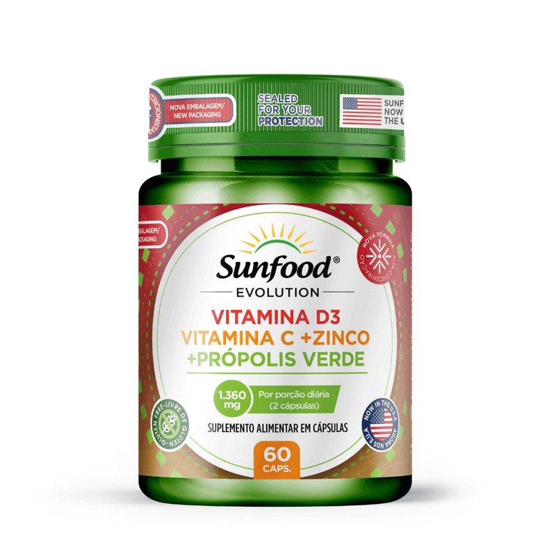 Vitamina D3 + Vitamina C + Zinco + Própolis Verde Sunfood 1360mg 60caps